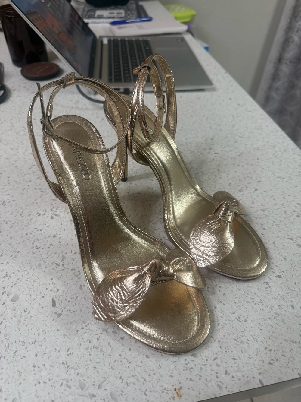 Metallic Rose Gold Ankle-Strap Knotted Heels